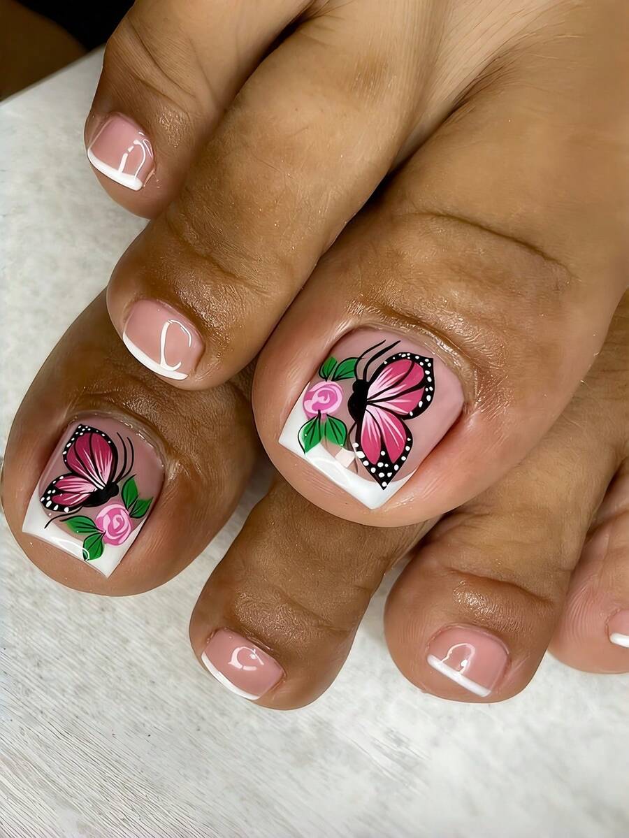 24pcs Nude Butterfly & Rose Shaped False Nails And Nail Tips, Y2K Style Square Short Manicure Supplies - Pink - View 1