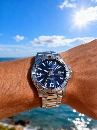  Casio Ocean Series Multifunctional Diver's Water Ghost Ocean Heart Business Quartz Stainless Steel Strap Men's Watch, Blue Dial