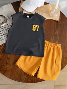 男童运动街头服饰套装（2件套），宽松67图案背心和卡其色短裤，夏季校园运动街头风搭配 - 深灰色 - 查看 2