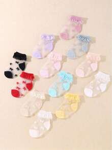 10/5/1 Pair Random Pattern Girls Cute (Baby) Lace Trim Dance Socks, Suitable For Summer Wear, Breathable Glass Silk Non-Sweating, Heart And Bow Design, Match Various Outfits And Skirts, Valentine's Day And Thanksgiving Gift, 0-3 Years Old Baby Girls - Multicolor - View 2
