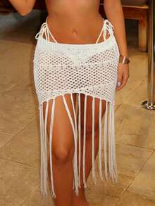 针织镂空流苏不对称/不对称下摆半身裙，海滩度假春夏款 - 淡黃色 - 查看 5