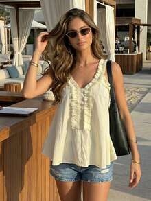 Women's Solid Color Frill Trim Casual Versatile Daily Wear Top Summer - Apricot - View 3