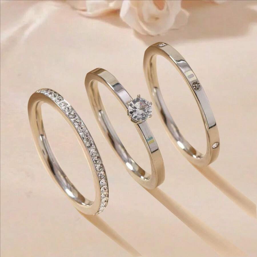 Bộ 3 chiếc nhẫn thép không gỉ, kiểu dáng tinh tế và thanh lịch, nhẫn độc đáo. Nhẫn cong 2mm được đánh bóng. Nhẫn đôi bằng thép không gỉ tối giản, trơn. Phụ kiện dành cho nữ. Trang sức kiểu phương Tây cho phái nữ. Có sẵn màu vàng, bạc và các màu khác. Phù hợp cho nữ, thích hợp để đeo hàng ngày. - Bạc - Xem 1