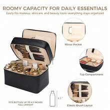 Double Layer Makeup Vanity Case, Large Capacity Cosmetic Bag With Removable Divider & Brush Organizer, Travel Toiletry Bag For Women, Portable PU Leather Organizer With Handle - 黑色 - 查看 4