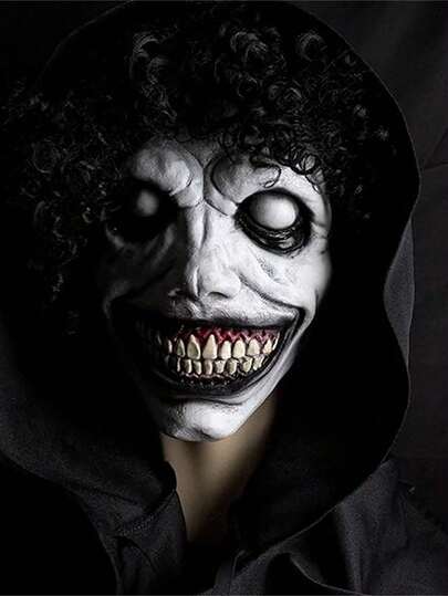 万圣节恐怖白色恶魔面具 - 咧嘴笑的骷髅乳胶面具，带獠牙和凹陷的眼睛，适合化装舞会、密室逃脱、角色扮演、万圣节服装和节日装饰