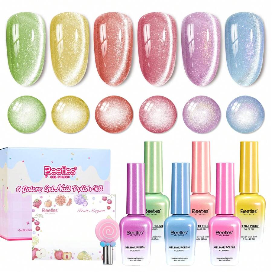 Beetles Fruit Magnet 6 Colors Cat Eye Gel Nail Polish Set, Spring Glitter Shades In Pink Purple Blue Yellow Green, Magnetic Shine Soak Off UV LED Gel, Salon & Home DIY Manicure Gifts For Women - 6 Colors Fruit Magnet - 查看 1