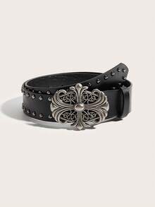 1 pieza Cinturón de cuero negro casual de estilo retro con hebilla de cruz floral de estilo punk para hombres, adecuado para jeans, Halloween, festivales de música, accesorio de cintura para el transporte diario - Cruz de cuentas de Garra Negra - Ver 10