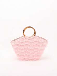 Women's Sweet Pink Ruffled Tulle Bamboo Handle Mini Tote Bag, Summer Fairy Style Vacation Top Handle Handbag - Pink - View 2