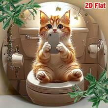 2D扁平化设计——这款2D扁平化设计描绘了一只调皮的猫咪坐在马桶上玩智能手机，尺寸为8英寸，是一款复古风格的墙面艺术品，非常适合家居、酒吧、咖啡馆和宿舍。它也是新年或情人节的理想礼物。 - A - 查看 5