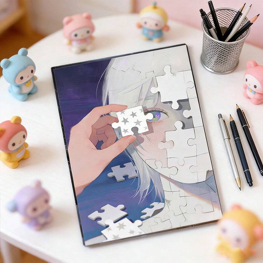 Lovely Anime-Style Jigsaw Puzzle Notebook, Suitable As A Gift For Girlfriend - Black - View 1