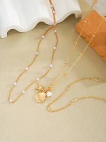 3 pièces/set Collier pendentif minimaliste élégant vintage géométrique, faux perle, coquillage, étoile de mer, perle. Ensemble de colliers multicouches en chaîne métallique. Convient pour les vacances, les fêtes, le port quotidien, les cadeaux - Or jaune - Voir 5