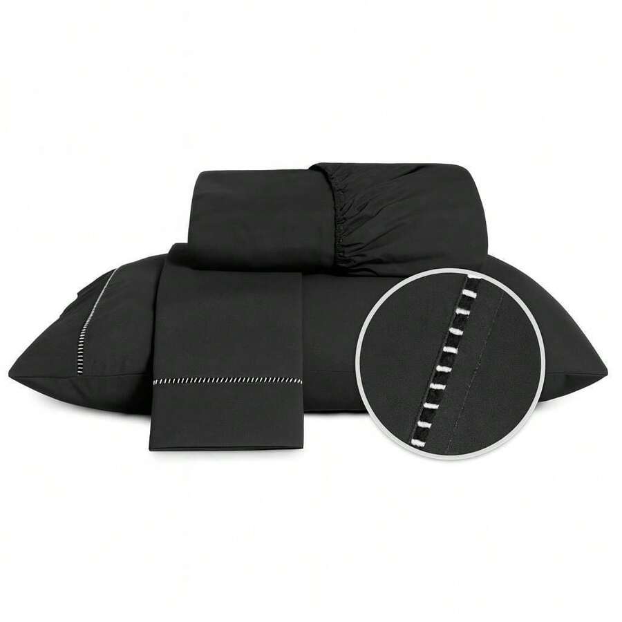 400 Thread Count Sheet Set, 2 And 3 Pieces, Luxury Hemstitch, Single, Double, Queen, King, High Quality - BLACK - View 1