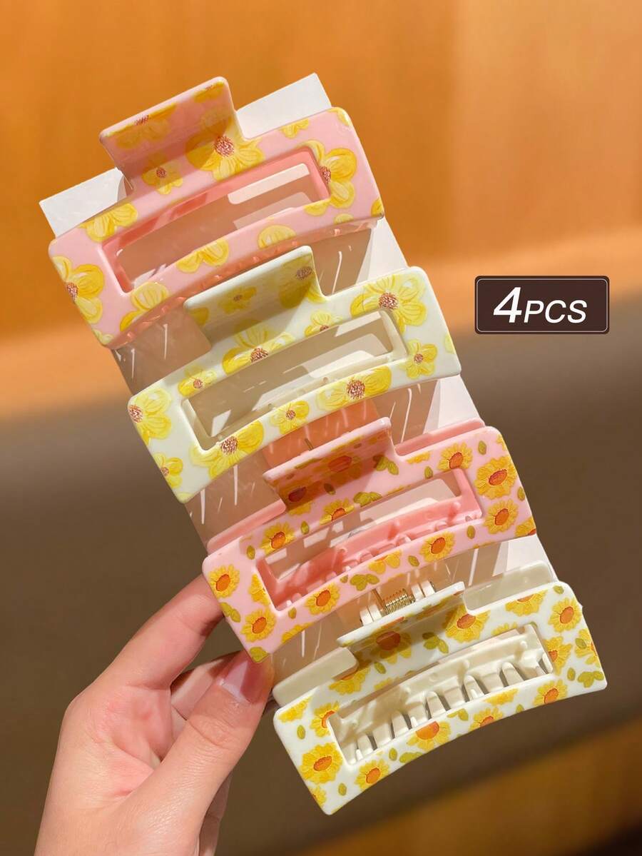 4个时尚优雅可爱向日葵发夹，抓力强劲，尺寸3.3英寸，简约日常佩戴发饰，适合女性，适用于浓密和稀疏发质、卷发，春夏海滩度假必备发夹