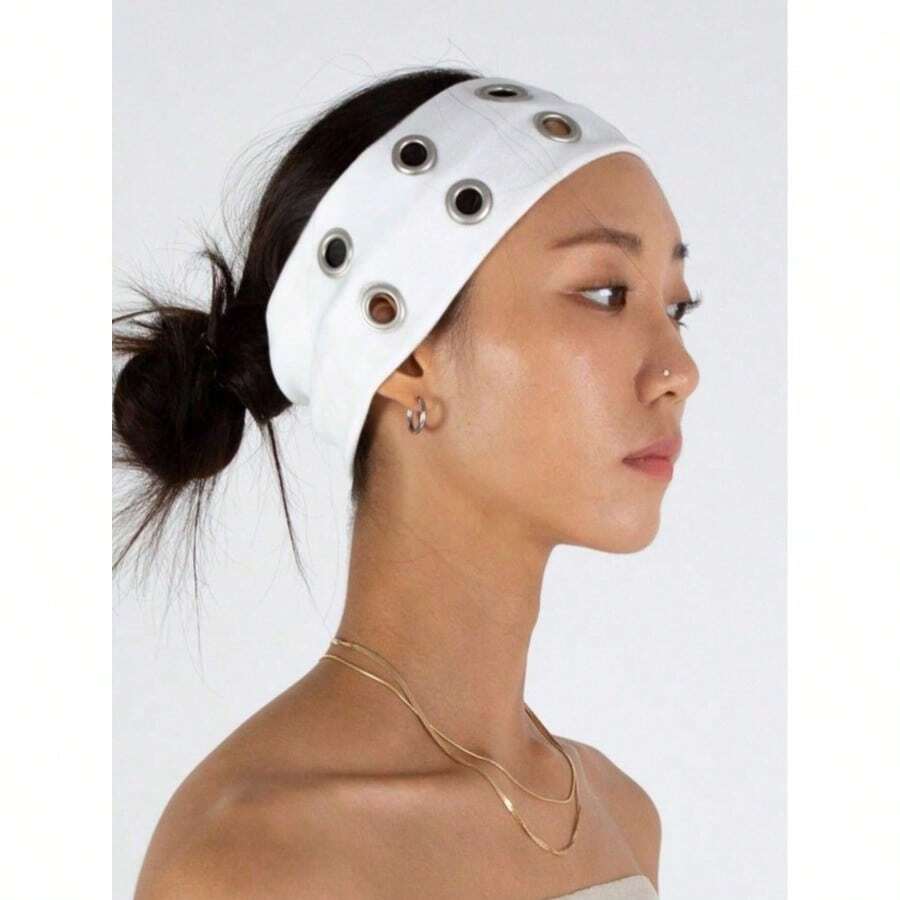 1pc Fashion Punk Headband, Gothic Style Soft Non-Slip Elastic Hollow Beach/Holiday Headband, Stretchy Yoga Sports Headband, Versatile For Daily Wear Casual Hair Bands Winter Hair Accessories Warm Sweatband - 白色 - 查看 1