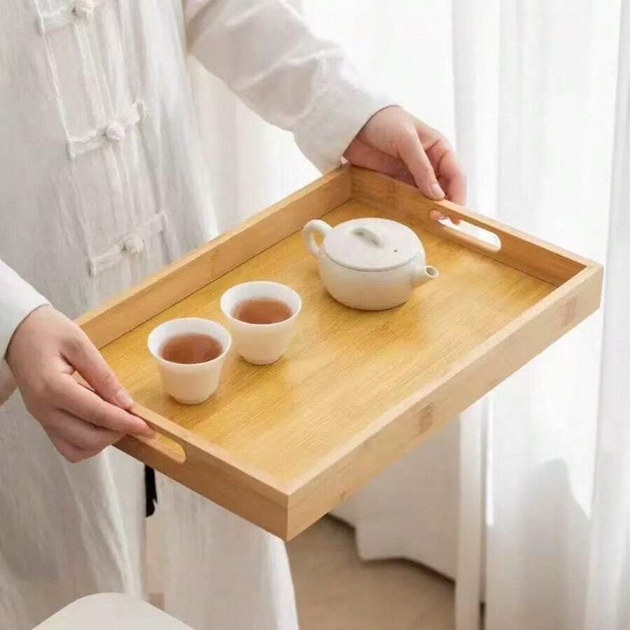 1pc Bamboo Wooden Tray With Handle, Breakfast Serving Tray For Bed, Living Room, Kitchen Dining, Christmas Gift - 1Pcs - View 1