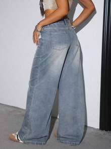 Women's Casual Loose Wide Leg Jeans With Pockets, Suitable For Daily Wear Spring - 淺色水洗 2 - 查看 3