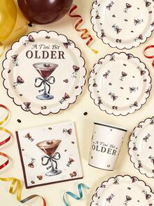 10件/20件/50件/80件 Espresso Martini 主題派對餐具套裝，A Tini Bit Older 主題 7/9英吋紙盤、紙巾、紙杯，復古奶油色波浪邊，咖啡豆與馬丁尼酒杯圖案，適用生日、雞尾酒、單身派對 - 多色 - 查看 4