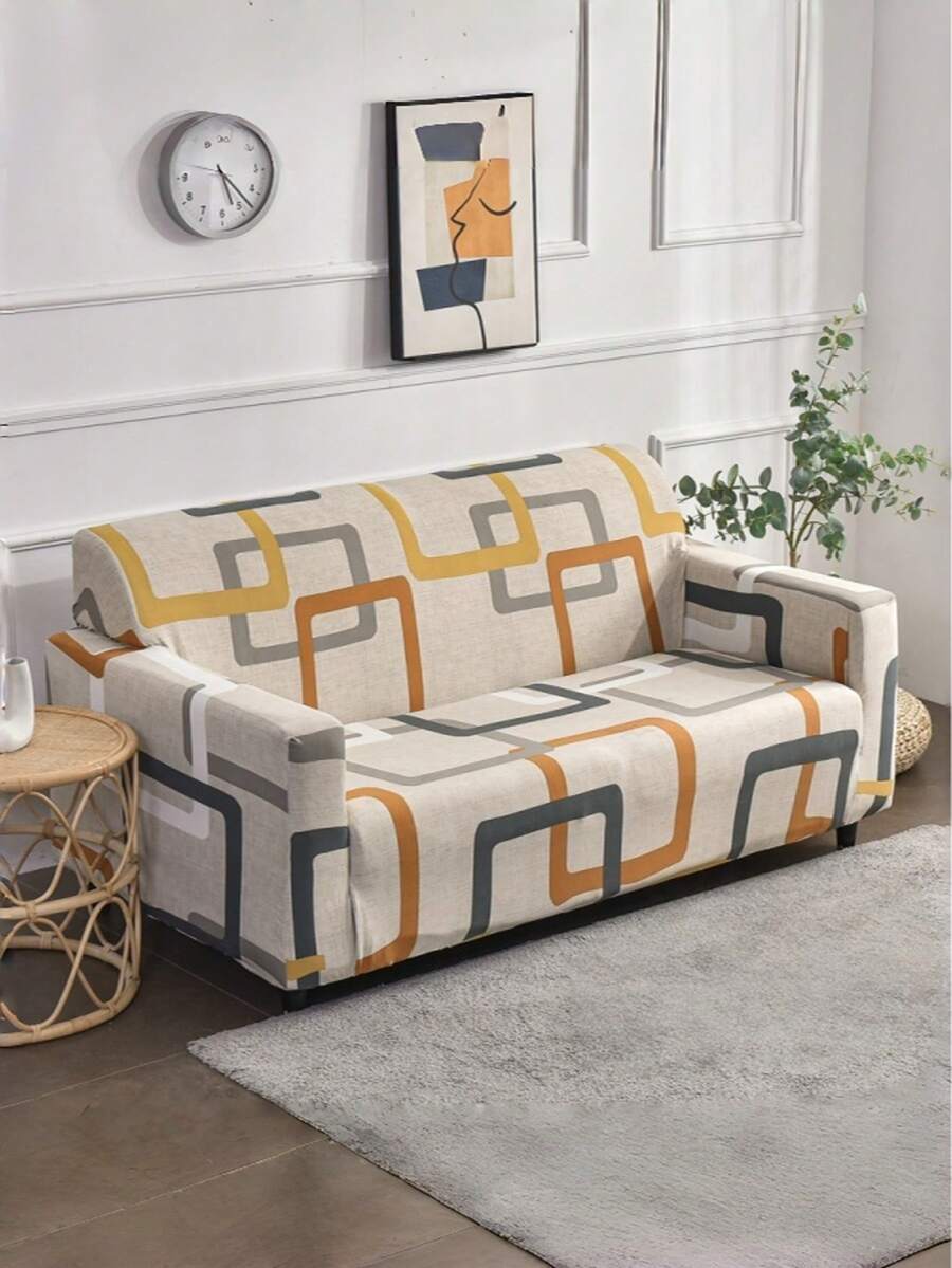 1pc Full Coverage Sofa Cover, Pet Proof Anti-Dust Decorative Sofa Slipcover, Geometric Puzzle Print, Colorful, Suitable For 1/2/3/4 Seater Sofa, All Season Use