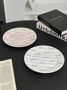 Cabin Kangaroo 1个可爱蝴蝶结条纹陶瓷盘，手绘可爱餐盘，粉蓝配色甜点盘，家居及美食摄影适用 - 彩色 - 查看 7