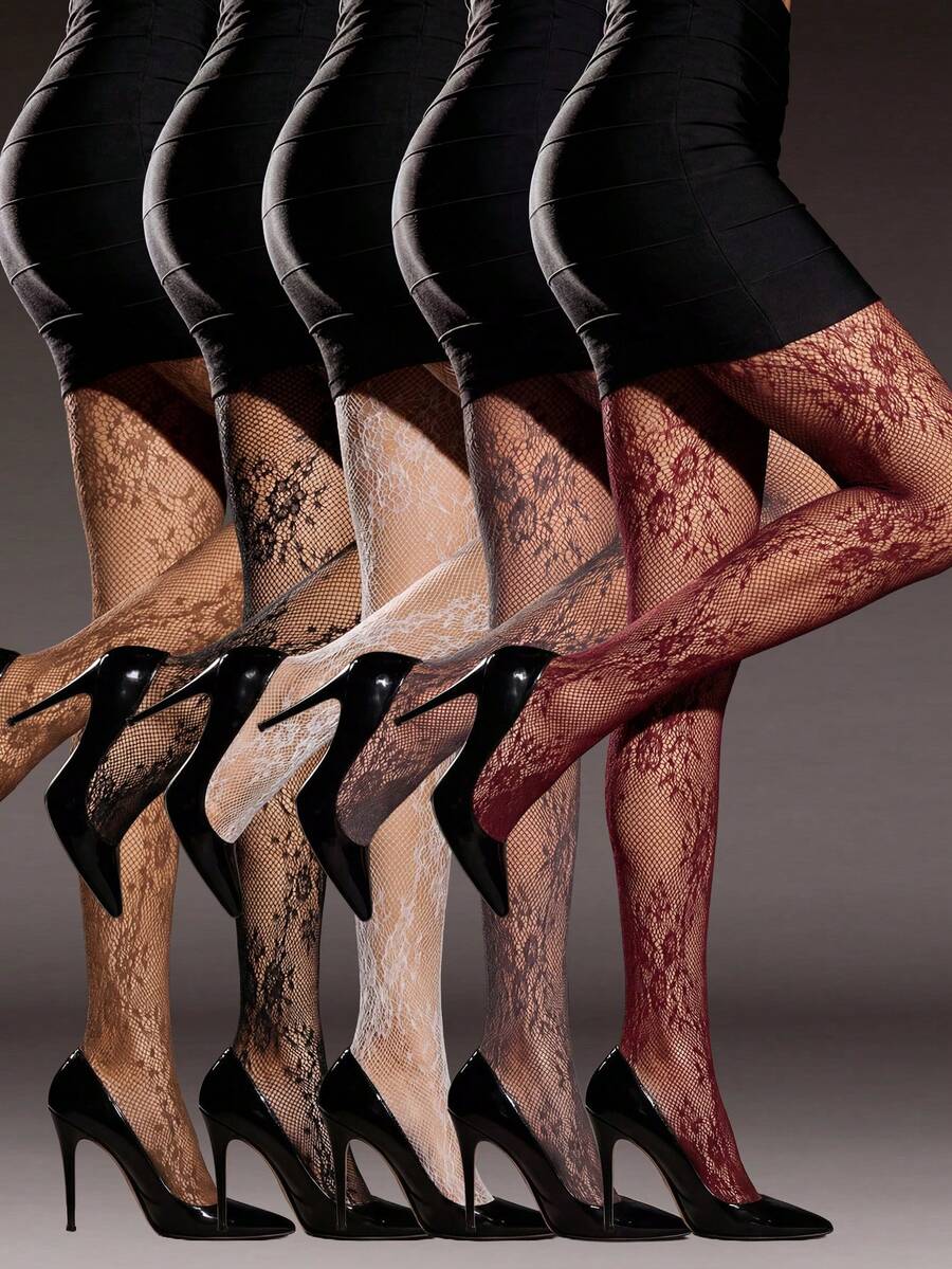 CLAGAINER 5 Pairs Vintage Rose Lace Fishnet Tights, Multicolor Y2K Sexy Sheer Floral Jacquard Fishnet Stockings - Multicolor - View 1