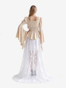 Women's Renaissance And Victorian Gothic-Style Two-Piece Set: Long-Sleeve Square-Neck Blouse And A Pirate-Style Top Paired With A Long, High-Waisted Skirt Featuring An Asymmetrical Hem. - 杏色+白色 - 查看 4