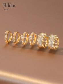 Hihho 6pcs/Set Zirconia Stone Earring Set, Floral & Heart Decor, Sweet & Lively Style, Clover & Hollow Pave Luxury, Simple Solid Hoop & Clover Pendant, Balancing Simplicity & Decoration. Dense Zirconia Inlay, Shiny, Suitable For Daily, Commute, Light Social Occasions - Gold - View 10