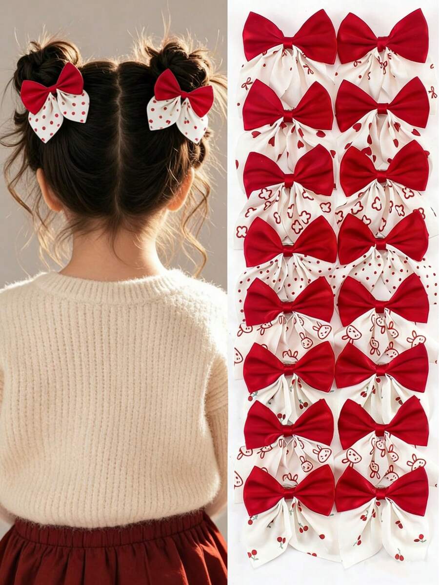 8 chiếc kẹp tóc bằng vải màu đỏ và trắng ngẫu nhiên, họa tiết chấm bi, trái tim, quả anh đào, phụ kiện tóc dễ thương kiểu học sinh cho bé gái, phù hợp cho sử dụng hàng ngày, tiệc Giáng sinh, năm mới. - Nhiều màu - Xem 1