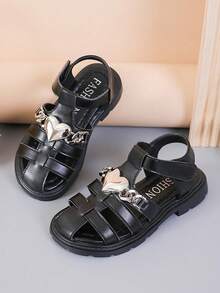 1 Pair New Minimalist Solid Color Heart Design Girls/Kids Hook And Loop Flat Sandals, Comfortable , Suitable For Spring/Summer Daily Wear - Black - View 3