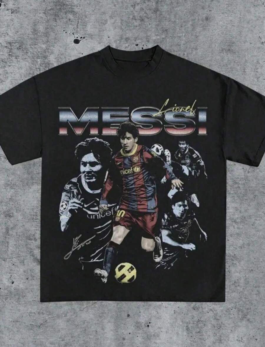 Local -66 Vintage 90s LionelM Graphic Tee _ F ..C Ba ..R .C . El .O ... Na Retro Soccer Shirt _ GOAT Football Vintage Tee - 黑色 - 查看 1