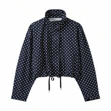 2026 Spring Women's Fashion Solid Color Polka Dot Print Zip-Up Jacket, Retro Stand Collar Elegant Ladies Baseball Uniform Street Outerwear - Navy Blue - View 9