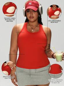 1pc Plus Size Women's Sports Tank Top, 2-In-1 Built-In Cup Racerback Tank Top, Slimming Workout Tank Top For Women - Red - View 4