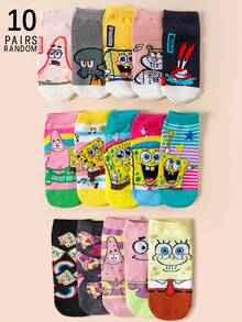 SpongeBob SquarePants 6/10 Đôi tất ngắn nữ ngẫu nhiên, bao gồm các họa tiết hoạt hình 3D vui nhộn: sao biển, cua, v.v., thấm hút mồ hôi và thoáng khí, thời trang và đa năng. - Nhiều màu - Xem 7