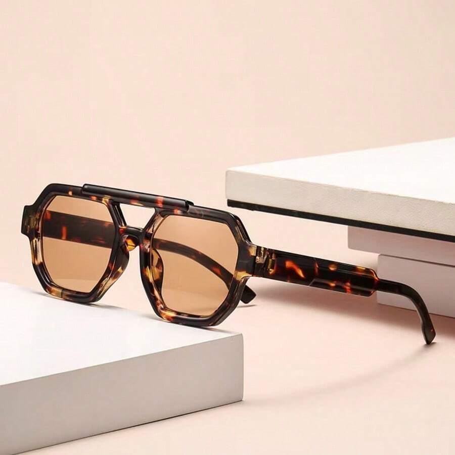 1副多边形时尚眼镜，新款高端防紫外线时尚眼镜，男女皆宜 - 玳瑁框茶片 - 查看 1