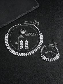 Bộ trang sức cưới sang trọng 5 món đính đá lấp lánh, gồm vòng cổ, bông tai và vòng tay, phụ kiện thời trang dự tiệc và lễ hội, thích hợp cho chụp ảnh cưới. - Bạc - Xem 5
