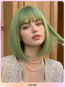 Perucă TOPHSE, elegantă, pufoasă, scurtă, bob, cu breton, împletită verde, material din fibră rezistent la temperaturi ridicate, capac tip plasă roz, peruci pentru femei, stil versatil - potrivită pentru cosplay, petrecere, festival de muzică, nuntă, cadou - Verde - Vizualizare 11