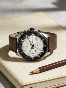 Men's Large Dial Chronograph Wrist Watch: Genuine Leather Strap, Quartz Movement, Water Resistant Design, Suitable For Business And Casual Wear (FS5674) - Coffee Brown - View 2