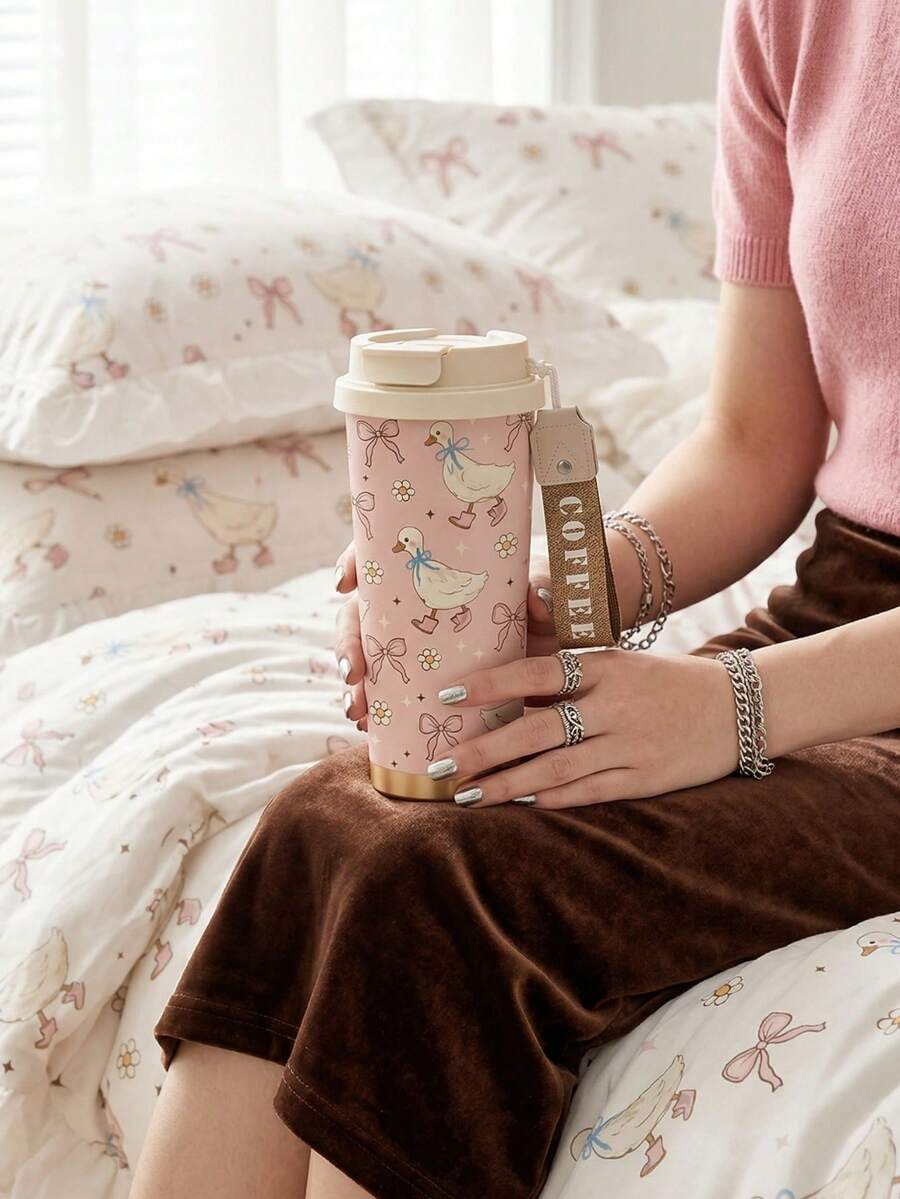 Bình nước giữ nhiệt hình vịt dễ thương có nơ, kèm quai đeo, giữ lạnh 24 giờ và giữ nóng 12 giờ, làm bằng thép không gỉ, chống rò rỉ, thích hợp cho trường học, văn phòng, đi làm, quà tặng màu hồng cho bé gái. - Nhiều màu - Xem 1