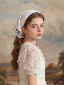 1pc Lace Trim Triangular Headband, Elegant Headscarf Hair Accessory - Beige - View 2