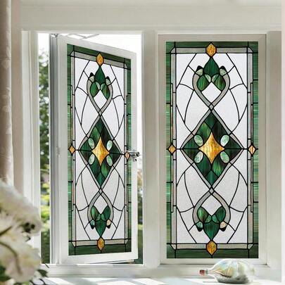 1/6pcs Colorful Stained Glass Window Film - Static Cling Frosted Privacy Window Decal, Removable Retro Geometric Pattern Glass Sticker For Bathroom, Kitchen Decor