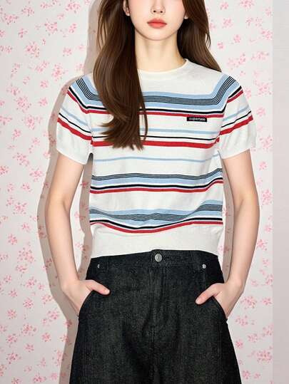 Alicedudu Blusa de punto de manga corta con diseño de rayas de color contrastante y cuello redondo, estilo minimalista casual para verano