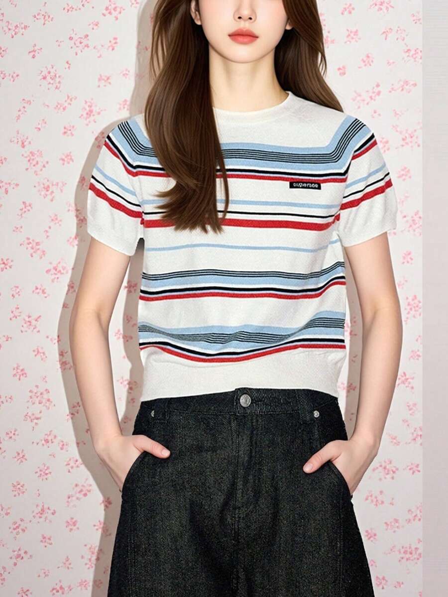 Atasan Rajut Lengan Pendek Leher Bulat Desain Garis-Garis Bergaris Kontras Warna Minimalis Kasual Wanita, Musim Panas - MultiWarna - View 1