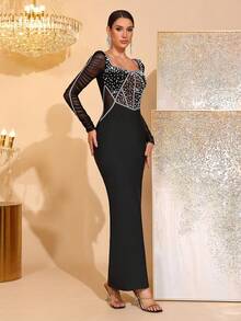 Đầm dài màu đen sang trọng, thủ công, đính kim cương, kiểu dáng thanh lịch, cổ vuông, tay dài, phối lưới, hở lưng, thích hợp cho đám cưới, tiệc cưới hoặc làm phù dâu. - màu đen - Xem 3
