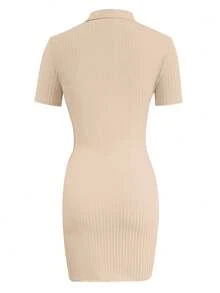 Women V-Neck Ribbed Knit Bodycon T-Shirt Dress, Solid Color, Casual Wear For Spring And Summer Elegant - Apricot - View 7