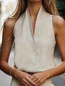 Spring/Summer Women's Fashionable And Elegant Casual Resort Urban Modern Beige Stand-Up Collar Sleeveless Top, Office Top, Summer Women's Top, Women's Casual Tank Top, Women's Formal Top, Women's Business Attire - Apricot - View 5