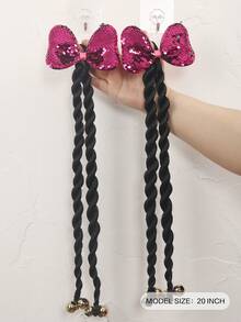 2pcs Kids 20inch Braided Ponytail Synthetic Hair Extension With Bow,With Bead In The End, High Elasticity Hair Tie Design,Ponytail Accessories - Natural Black - View 3