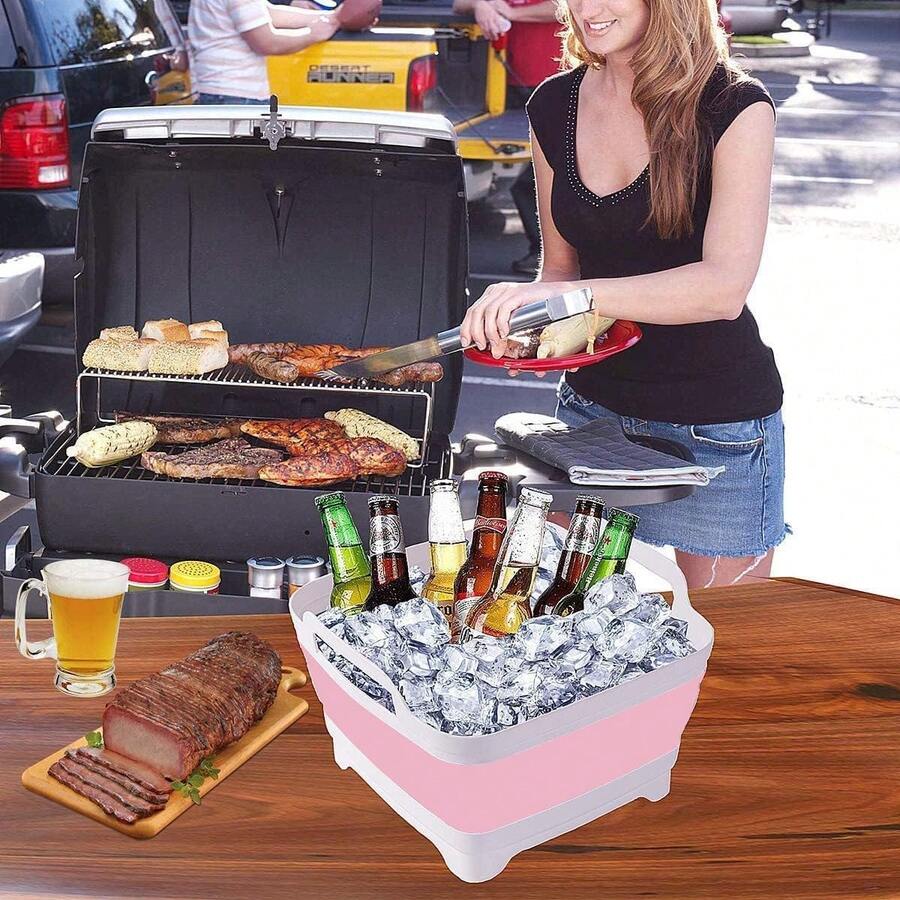 9L (2.4Gal) Collapsible Dish Basin With Drain Plug And Carry Handles, Kitchen Storage Tray Dish Wash Basin, Portable Foldable Dish Tub For Camping And RV, Gray - Baby Pink - View 1