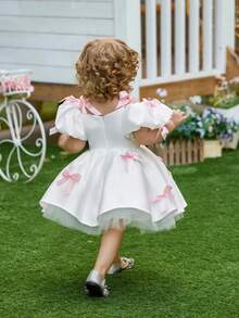 Vestido de princesa con tirantes de espagueti, mangas con volantes y lazo para niñas, adecuado para fiesta de cumpleaños, dama de honor, boda, baile de graduación, celebración festiva - Blanco - Ver 7