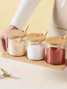 3Pcs/Set Kitchen Spice Jars Set With Spoons, Glass Spice Bottle L Moisture-Proof Spice Jar With Lid And Tray, Multifunctional Glass Condiment Storage Bottle, Triangular Wooden Support, Storage Jar, Perfect For Seasoning Storage And Kitchen Tidying - Multicolor - View 9
