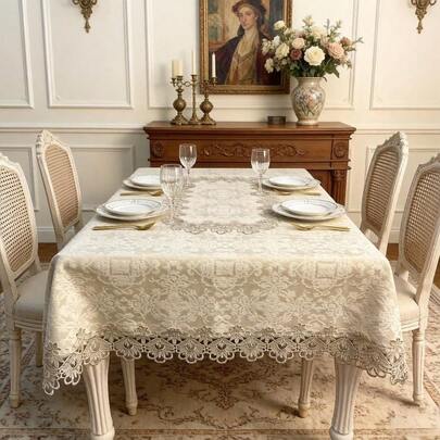 HXARTMIS 1pc Elegant Beige Jacquard Embroidered Lace-Trimmed Rectangular Tablecloth, Luxury Floral Lace-Edged Dining Table Cover, Rectangular Tablecloth For Home, Kitchen, Waterproof, Durable, Easy To Clean, Reusable, Heat-Resistant, Anti-Slip Protective Tablecloth. Suitable For Home, Bedroom, Living Room, Kitchen, Dining Room, Outdoor, Party, Wedding, Birthday And Other Occasions. Also Applicable For Valentine's Day, Father's Day And Other Holiday Decorations, Available In Multiple Sizes.