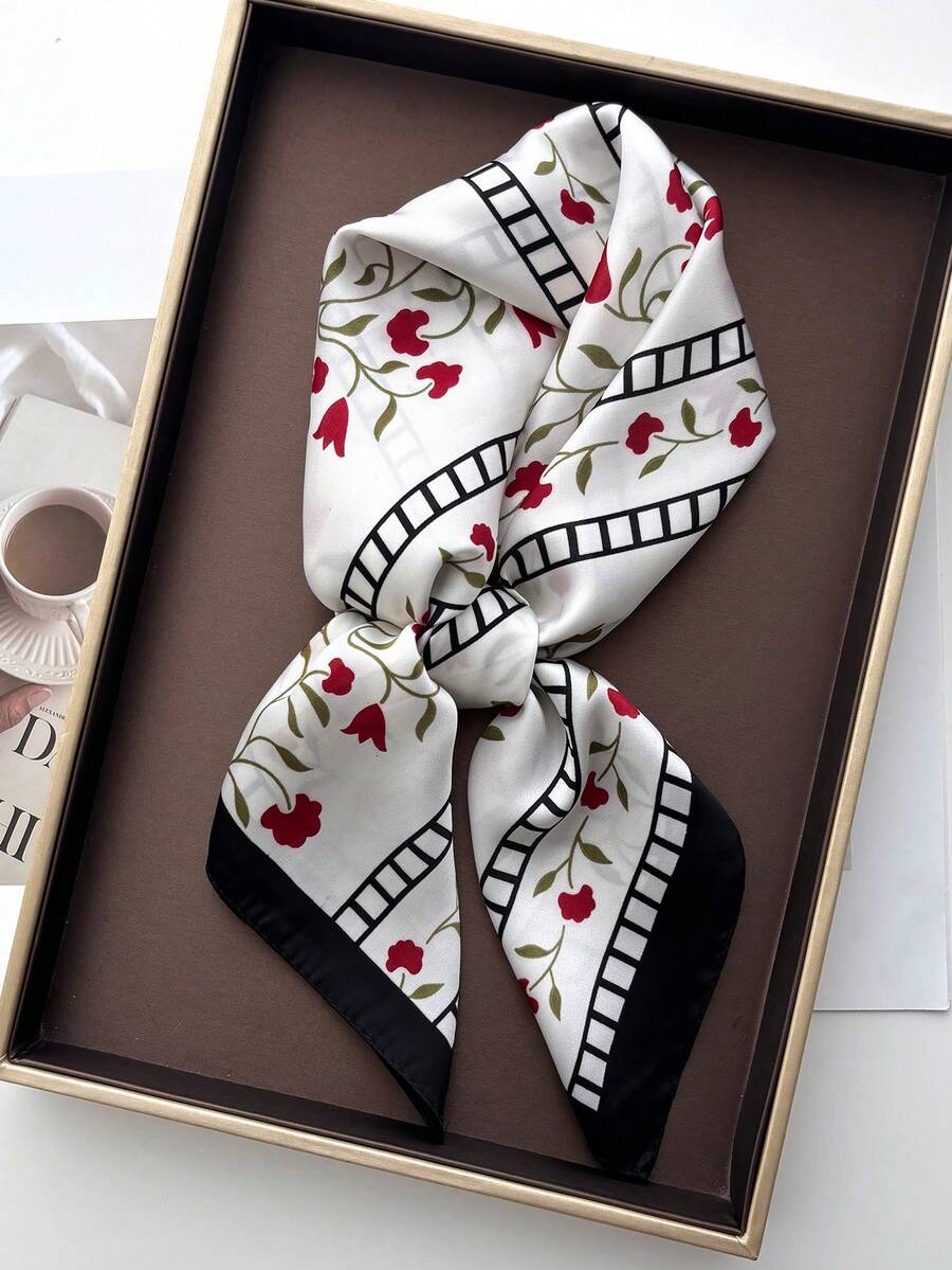 Women's Spring Summer Flower Print Square Scarf Imitation Silk Shawl Neck Protection Bib Professional Scarf Warm Suitable For Daily Use - Black - View 1